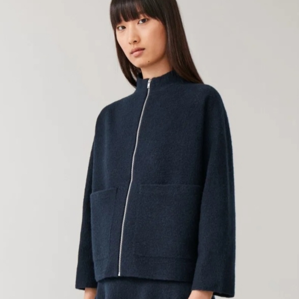 COS Women's Navy Blue Boiled Wool Zip Front Jacket Size Small